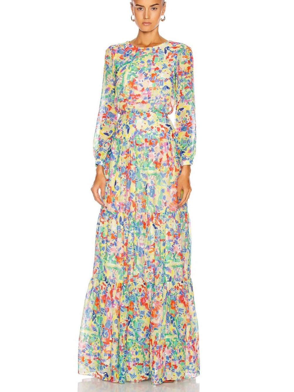 Saloni Isabel Summer Confetti Printed Tiered Long Silk Dress, US 4 - Picture 6 of 6